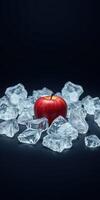 Bright red apple surrounded by crushed ice on a dark background creates a striking visual contrast photo