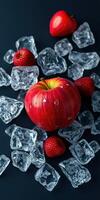 Bright red apple surrounded by ice cubes and fresh strawberries on a dark background for a refreshing look photo