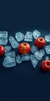 Red apples surrounded by ice cubes create a refreshing and visually striking composition on a dark background photo