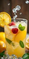 Refreshing lemon drink with mint and berries served in a clear glass on a wooden table photo