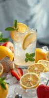 Refreshing lemon and strawberry drink garnished with mint and surrounded by fresh fruits during a sunny day photo