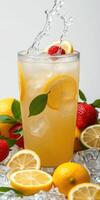 Refreshing lemon and strawberry beverage garnished with fruit and ice, perfect for summer enjoyment at a sunny gathering photo