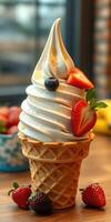 Soft serve ice cream cone topped with fresh strawberries and blueberries in a cozy cafe setting photo