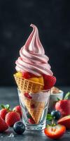 Colorful dessert featuring soft serve ice cream and fresh berries in a glass cup against a dark background photo
