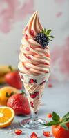 Frozen dessert with swirls of berry and cream topped with fresh fruits on a pastel background photo
