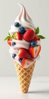Delicious soft serve ice cream topped with fresh strawberries and blueberries in a waffle cone photo