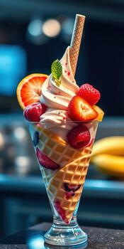 Delicious dessert served in a waffle cone with fresh fruits, whipped cream, and a mint garnish photo