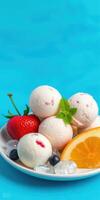 Refreshing dessert bowl with strawberry, blueberry, and orange on turquoise background photo