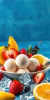 Delicious ice cream dessert served with fresh fruits on a vibrant blue background photo