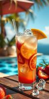 Refreshing summer cocktail garnished with fruits beside a sparkling pool in a tropical paradise during the day photo