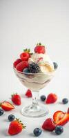 Delicious fruit and ice cream dessert served in a clear glass bowl with fresh berries and whipped cream photo