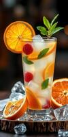 Refreshing citrus drink garnished with oranges and mint served in a clear glass photo