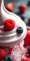 Delicious swirl of raspberry soft serve topped with fresh berries photo