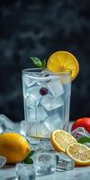 Refreshing drink with ice, lemon, and mint garnished on a dark background photo