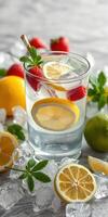 Refreshing lemonade with fresh fruits and mint served over ice in a vibrant summer setting photo