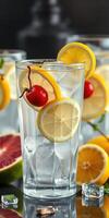 Refreshing drink with lemon slices and cherries garnished with ice on a bright summer day photo