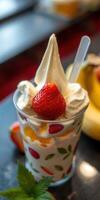Delicious dessert featuring soft serve ice cream topped with fresh strawberries and whipped cream photo