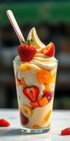 Delicious fruit parfait topped with strawberries, mango, and bananas served in a tall glass photo
