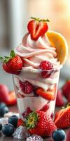 Delicious soft-serve ice cream topped with fresh strawberries, raspberries, and a lemon slice on a sunny afternoon photo