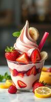Delicious dessert with strawberries, bananas, and soft serve at a summer gathering in a bright cafe environment photo