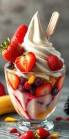 Delicious soft serve dessert topped with fresh strawberries, blueberries, and raspberries in a clear glass bowl photo