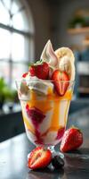 Delightful mixed fruit sundae with strawberries, bananas, and whipped cream in a clear glass cup photo