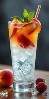 Refreshing summer drink with sliced peaches and mint for a vibrant flavor experience photo