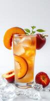Refreshing peach and apple iced beverage garnished with fresh mint and ice cubes on a white background photo