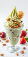 Creamy green dessert topped with nuts and fresh fruit creates a refreshing treat photo