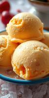 Delicious scoops of creamy mango ice cream served in a bowl at a summer gathering photo