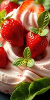Fresh strawberries and mint leaves on soft pink cream dessert served in an elegant dish photo