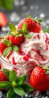 Delicious strawberry ice cream topped with fresh strawberries and mint leaves in a glass bowl on a dark background photo