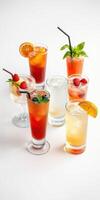 Colorful cocktails arranged on a white background highlighting refreshing summer beverages with fruit garnishes photo