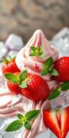 Delicious strawberry dessert topped with mint leaves served on ice cubes photo