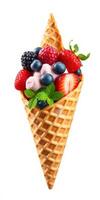 Colorful ice cream cone topped with fresh berries and mint by the seaside on a sunny day photo