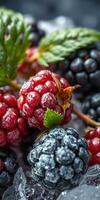 Fresh raspberries and blackberries on a bed of ice, showcasing their vibrant colors and textures for a delicious presentation photo