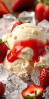 Delicious ice cream topped with strawberry sauce and fresh strawberries in a bed of ice photo