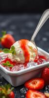 Delicious vanilla ice cream with strawberry syrup served on crushed ice with fresh strawberries photo