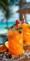Refreshing tropical cocktails with fruits on a sunny beach setting photo
