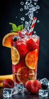Refreshing summer drink with fruits and ice on a dark background photo
