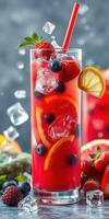 Refreshing summer cocktail with berries and citrus served in a tall glass filled with ice at a vibrant patio setting photo