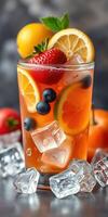 Refreshing fruit beverage with ice, vibrant colors, and summer vibes photo