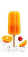 Bright orange popsicle surrounded by ice cubes and fresh fruit on a white background photo