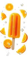 Vibrant orange popsicle surrounded by ice and orange slices in a refreshing summer setting photo