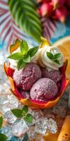 Colorful dessert made with fruit bowl and ice cream served with whipped cream in a tropical setting photo
