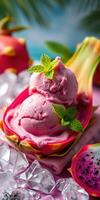 Delicious dragon fruit ice cream served in a vibrant pink shell with fresh mint leaves on a sunny day photo