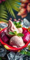 Delicious dessert bowl with vibrant fruit and creamy ice cream topped with mint leaves in tropical setting photo
