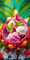 Colorful dragon fruit bowl filled with refreshing ice cream and garnished with mint leaves photo
