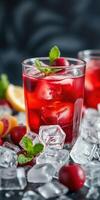 Refreshing summer cocktail with cherries, ice, and mint on a dark background photo