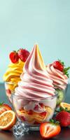 Delicious soft serve ice cream topped with fresh strawberries and citrus fruits in vibrant bowls created at a summer gathering photo
